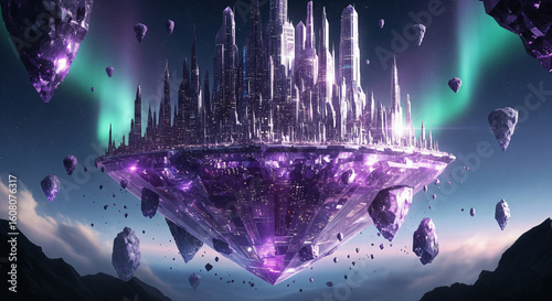 A surreal and futuristic crystal city floating in the sky (generative ai)
