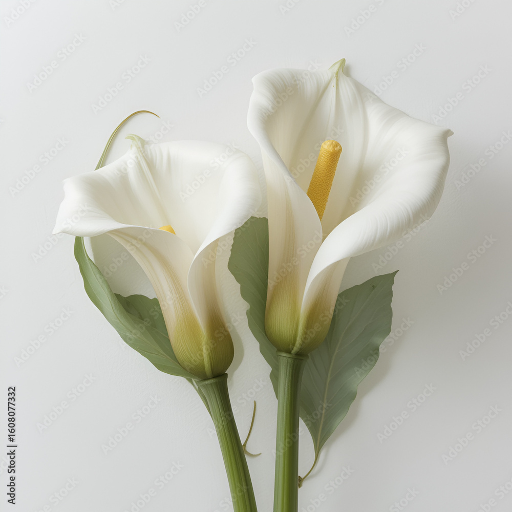 Obraz premium Twee witte calla aronskelk bloemen tegen een witte achtergrond