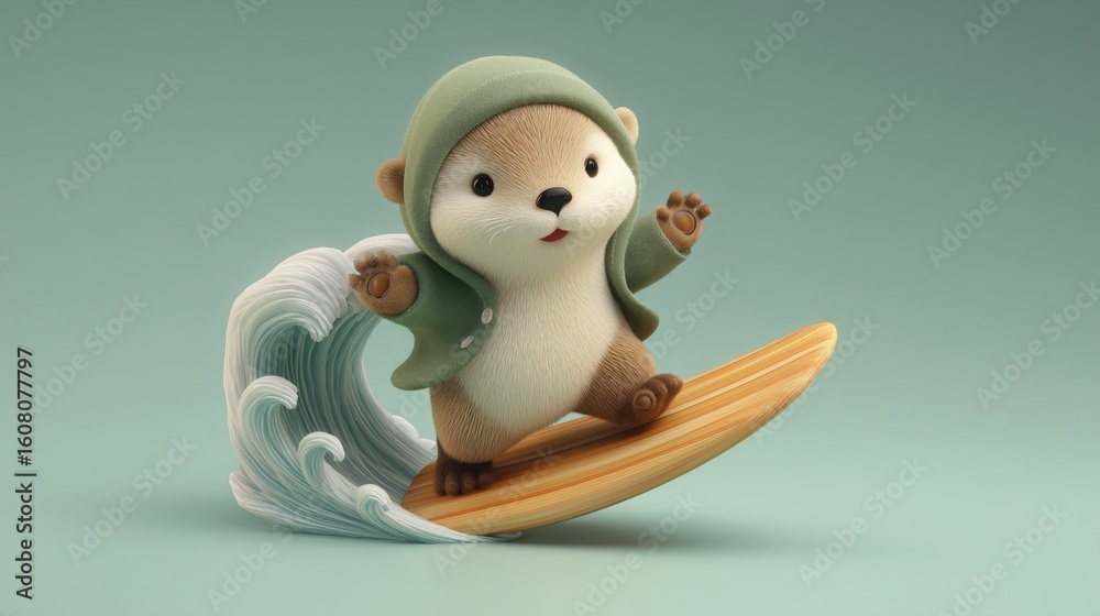 Obraz premium Surfer Otter on Wave – 3D Cute Animal with Surfboard