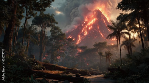 Hyper-realistic volcanic eruption in tropical jungle valley, glowing lava flows igniting forests with thick smoke, fallen logs foreground, dramatic apocalyptic lighting