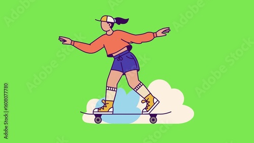 Dynamic Animation of a Skateboarding Character Performing Tricks with Clouds on Green Screen for Creative and Sports-Themed Projects