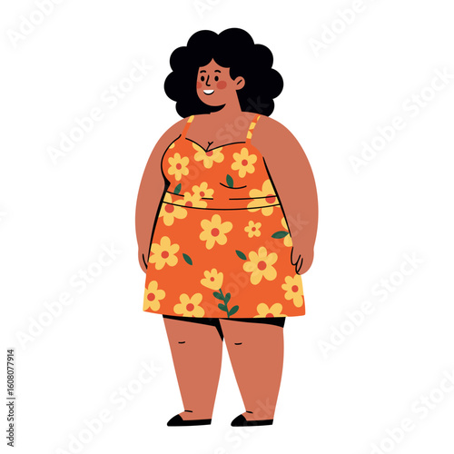 Plus-size African American woman in floral dress showing high body fat for obesity awareness