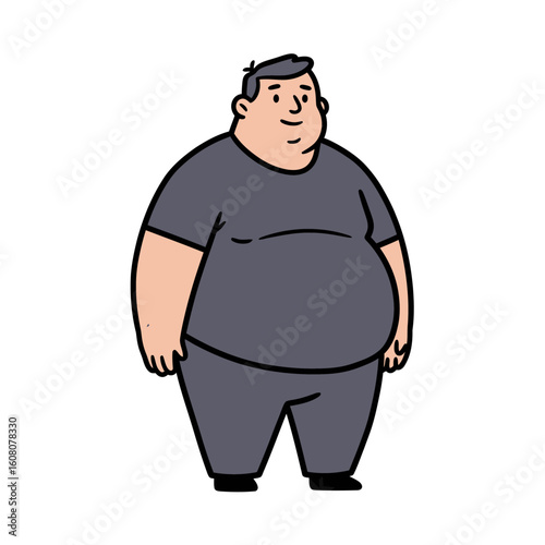 Man with extreme body fat level in grey clothing, standing posture for educational use