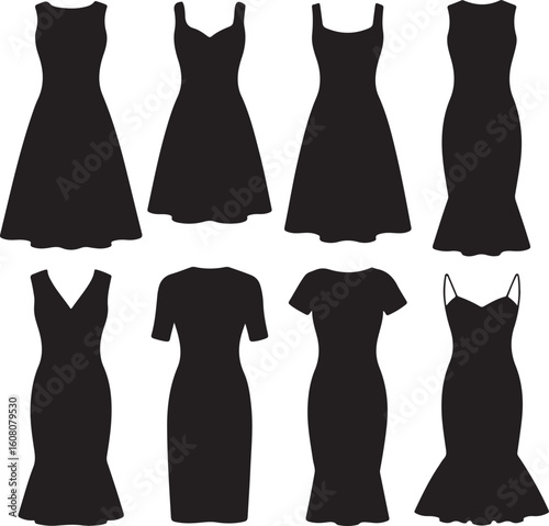 Black silhouette dresses various styles fashion clothing