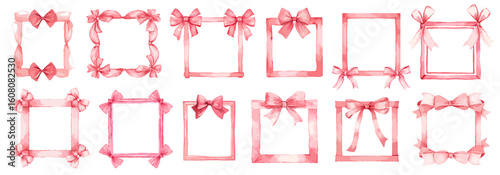 Pink ribbon frames with bow. Square border girl decor for baby shower, wedding, valentine, birthday design. Watercolor coquette vector set
