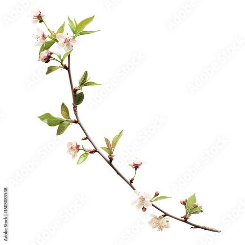 A delicate spring branch, with small, white blossoms and budding leaves, curves gracefully
