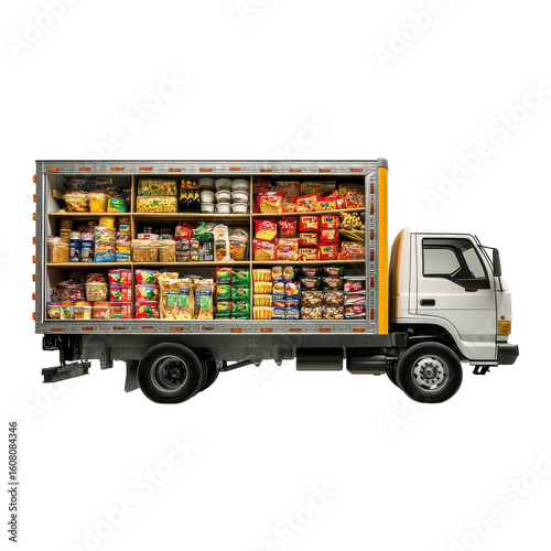 Delivery truck filled with various packaged foods and snacks, showcasing a colorful assortment in a neat arrangement. on transparent background