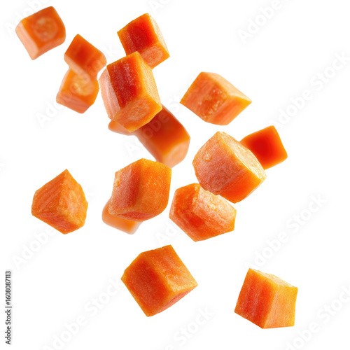 Small diced carrots flying suspended mid-air on transparent background