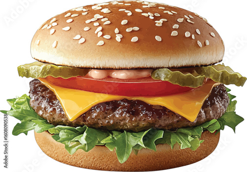 Delicious hamburger with cheese tomato pickles lettuce and sesame seed bun beef