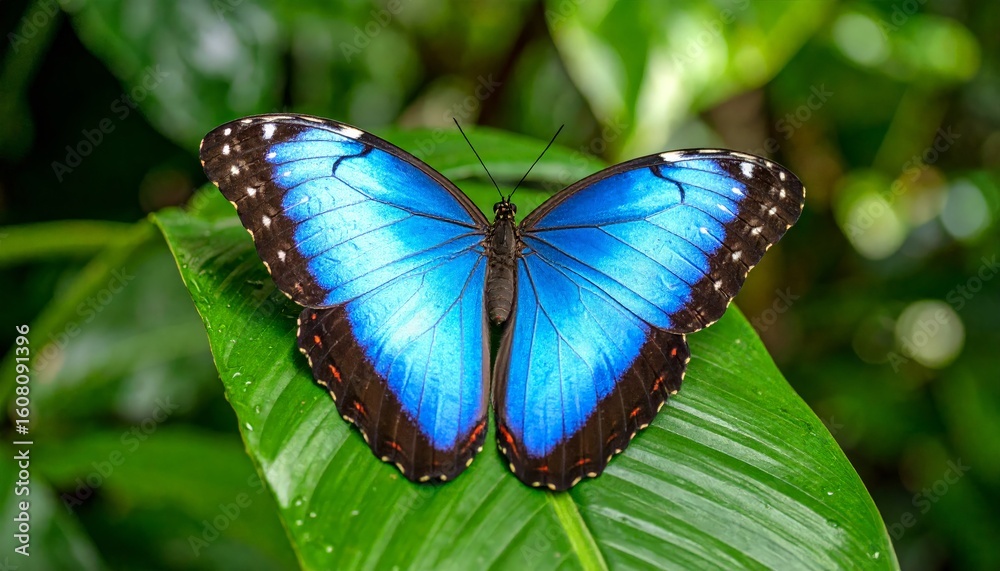 Morpho butterfly rests on green leaf. Morpho butterfly rests on green leaf.
