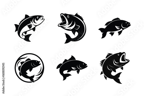 Collection of six dynamic black fish silhouettes illustrating various fishing and aquatic themes silhouette