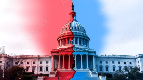 The Capitol stands divided by a bold red and blue split, its jagged separation reflecting the tension and polarization shaping the nation today.