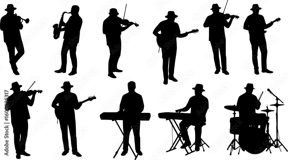 Obraz premium Set of musician silhouette vector illustration on isolated white background. 