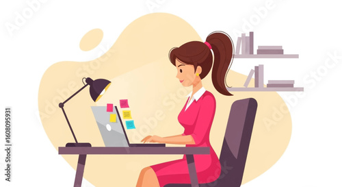 Woman working on laptop at home office, perfect for blog posts about remote work, productivity, or freelance lifestyle.