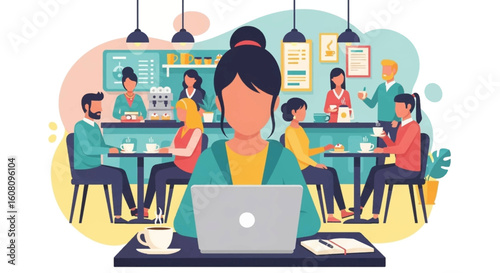 Woman working on laptop in a busy cafe, perfect for blog posts about remote work or coffee shop culture.
