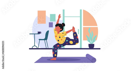 Woman doing yoga at home, perfect for wellness websites or health blogs.