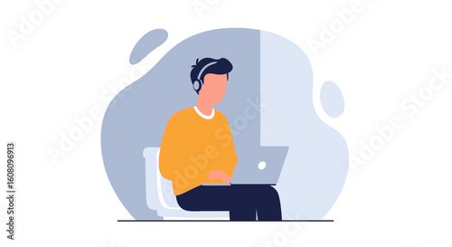 Man working on laptop while sitting on toilet - Illustration for articles about work-life balance or remote work.