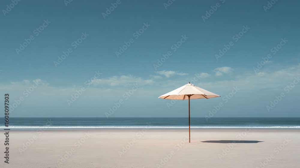 A solitary white beach umbrella stands on a vast, empty sandy shore under a clear blue sky with gentle clouds. A solitary white beach umbrella stands on a vast, empty sandy shore under a clear blue sky with gentle clouds.