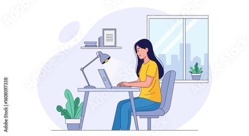 Young woman working from home on laptop, ideal for remote work, freelance, and productivity articles.