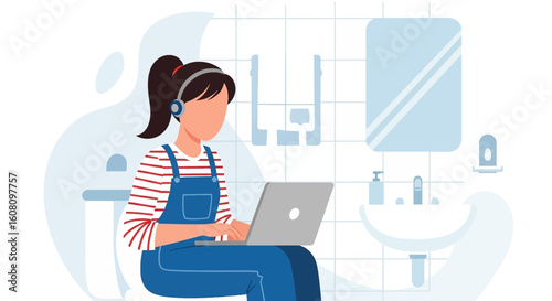 Young woman working on laptop in bathroom, perfect for articles about remote work, flexible work schedules, or work-life balance.