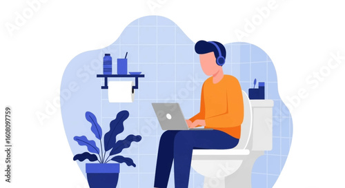 Man working on laptop while sitting on toilet - Illustration for website or blog post about work-life balance.