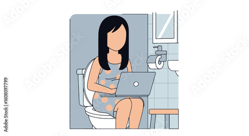 Woman working on laptop in bathroom - illustration for blog post or website.