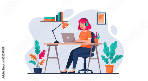 Young woman working from home on laptop, perfect for blog posts about remote work or freelance lifestyle.