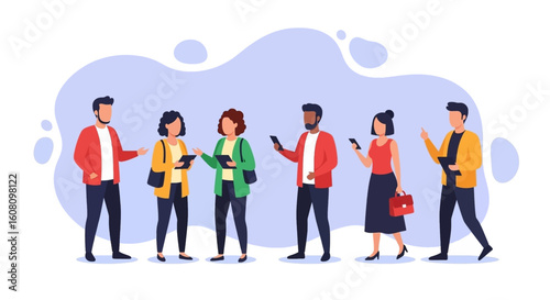 Diverse group of young professionals using digital devices, ideal for website banners or business presentations.