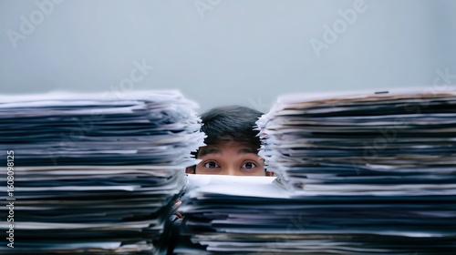 A person peeks anxiously between two towering stacks of paperwork, symbolizing stress and overwhelm.