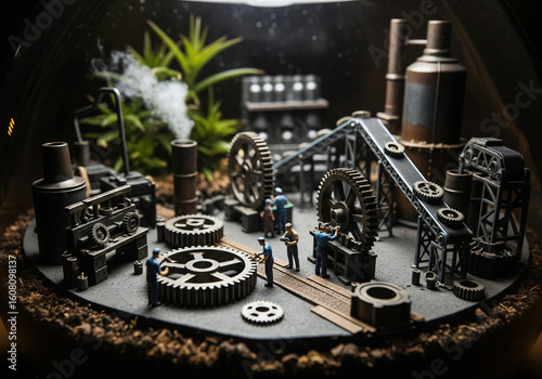 A miniature diorama of a steampunk factory with tiny workers (generative ai)