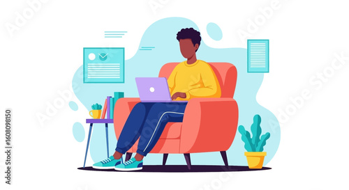 Young Black man working on laptop from home, perfect for websites and blogs about remote work, freelance, or technology.