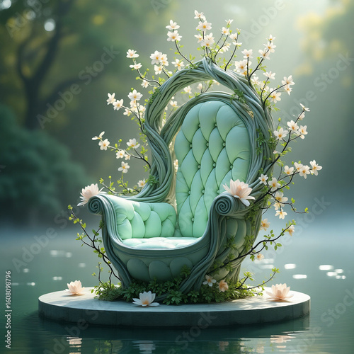  A beautiful and ethereal chair intertwined with plants and flowers (generative ai)