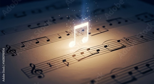 Glowing musical note levitates above sheet music, radiating light.
