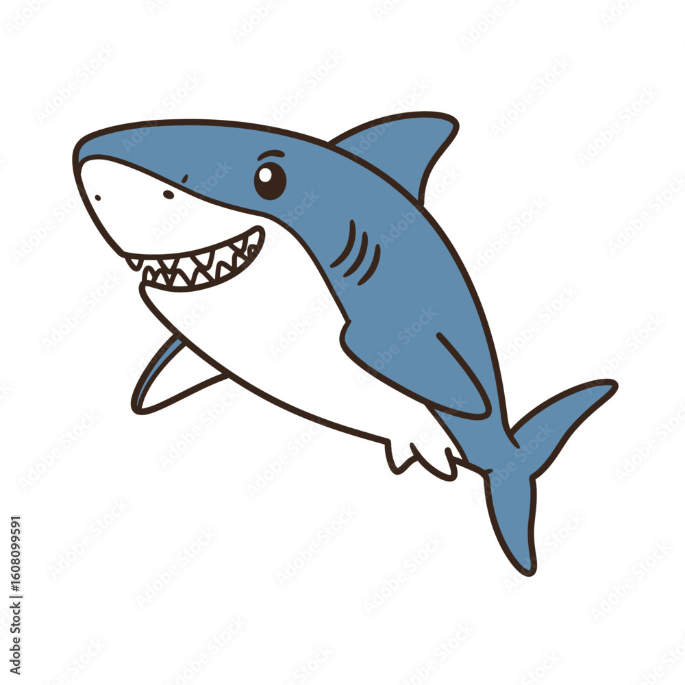 Fototapeta premium Adorable cartoon shark smiling widely, perfect for children's books and ocean themed designs