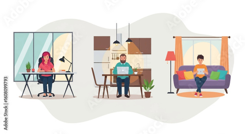 Remote Work Illustration: Three people working from home, perfect for blogs, articles, and websites about telecommuting.