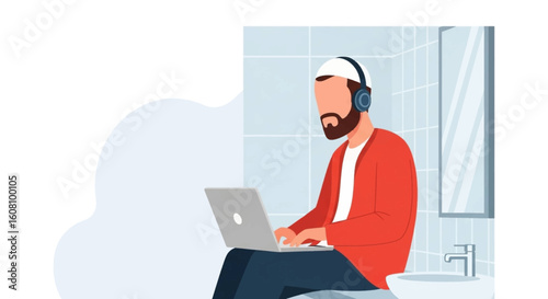 Muslim man working on laptop in a bathroom, perfect for illustrating remote work, modern lifestyle, or diversity in the workplace.