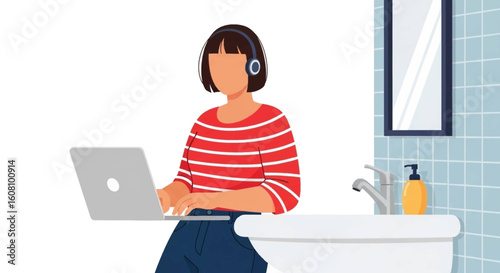 Woman working on laptop in bathroom, perfect for articles on remote work, work-life balance, or flexible work arrangements.