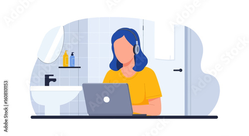Woman working on laptop in bathroom, perfect for blog posts about remote work or flexible schedules.