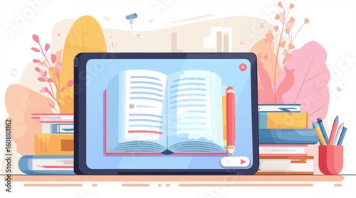 Flat style digital tablet displaying online class, looping screen flicker.