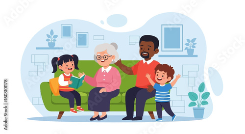 Happy multigenerational family reading together on a couch, perfect for family blogs, websites, or children's books.