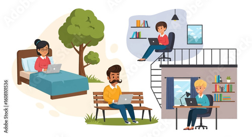 Remote Work Illustration: Diverse People Working from Home, Office, Outdoors - Perfect for Blog, Website, or Presentation