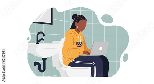 Woman working on laptop in bathroom, illustration for social media post or blog.