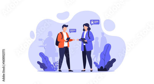 Two colleagues having a conversation, ideal for illustrating teamwork or collaboration on a website or presentation.