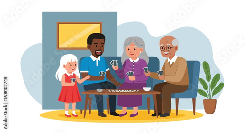 Multigenerational family playing cards together - perfect for illustrating family bonding, senior care, or intergenerational activities.