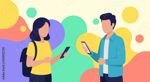 Illustration of two young adults using smartphones, perfect for website banners or app interfaces.