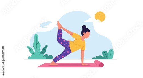 Woman practicing yoga outdoors, perfect for wellness websites or brochures.