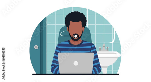 Man working on laptop in bathroom, illustration for articles about remote work, work-life balance, or modern lifestyle.