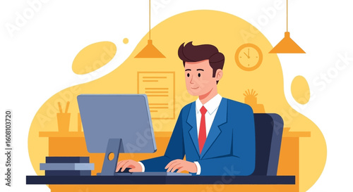 Businessman working at his desk, perfect for website banners or business presentations.