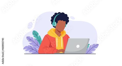 Young man using laptop and headphones, perfect for blog, website or social media.