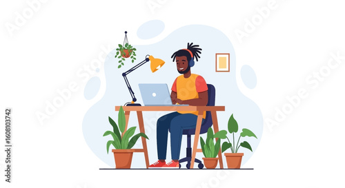 Happy man working from home on laptop, perfect for remote work blogs or websites.